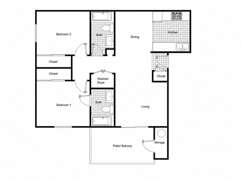 Floor plan for 2 beds, 2 baths, 1000 sqft